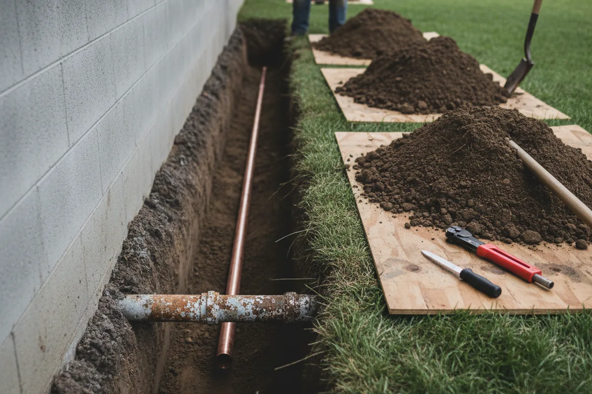 Excavated water line trench during Water Softener Installation in Wyoming